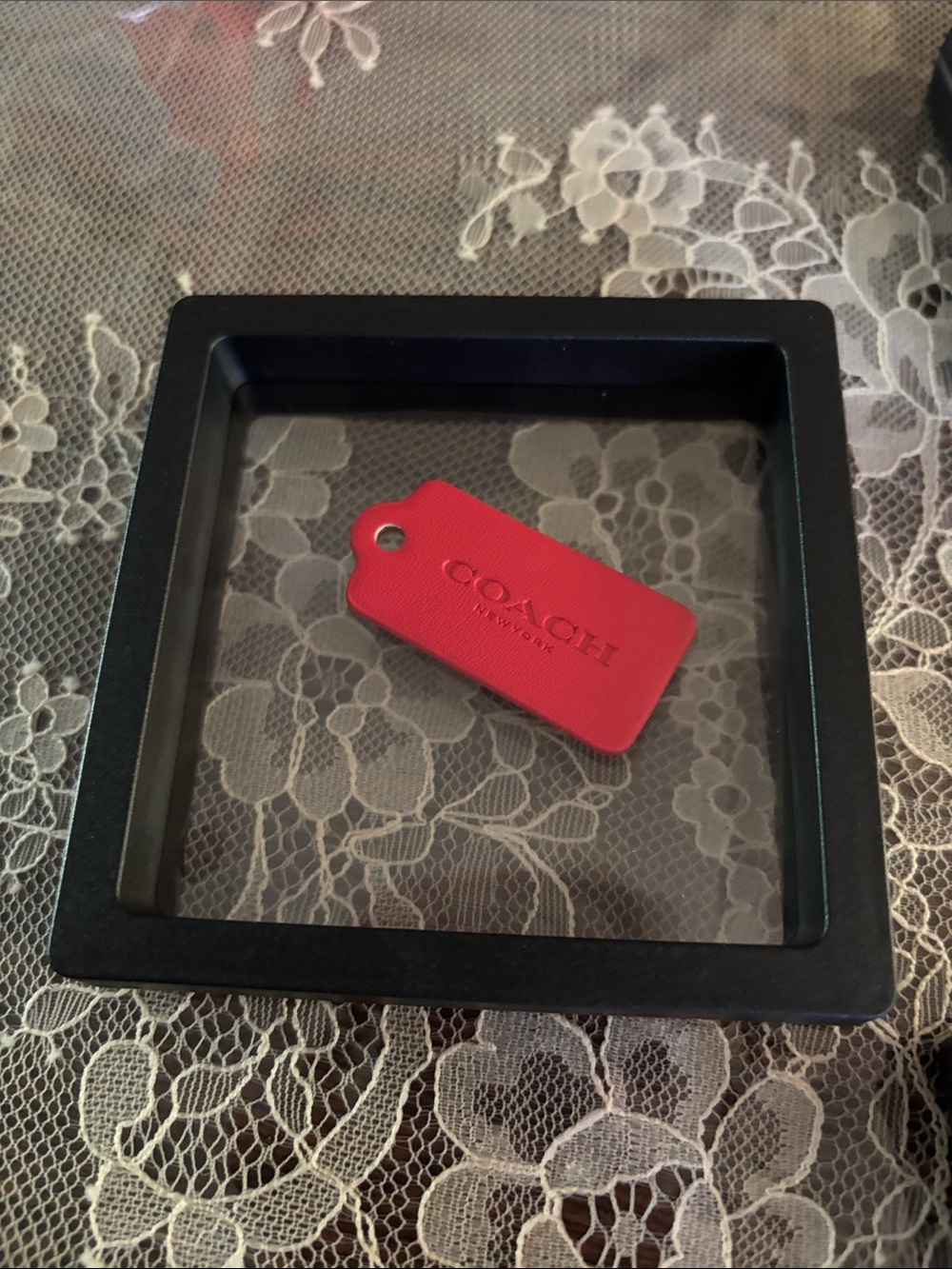 COACH red Leather Key hangTag Keychain framed